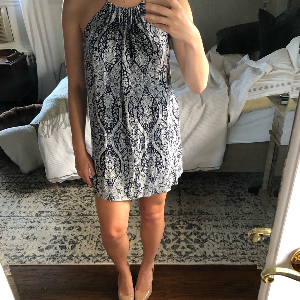 Navy and white floral cocktail dress